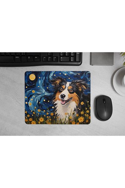 MS Major Selection Tampă de mouse Border Collie – Design de artă Starry Night (17,5x21,5 cm, bază anti-alunecare)