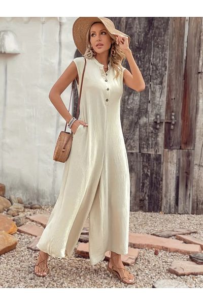 modaserdem Women's Short Sleeve Front Buttoned to the Leg Wide Pocket Long Wrap Jumpsuit
