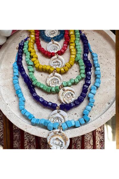bizizmoda Bodrum Cam Boncuk El Yapımı Seramik Gold GözKolye Nazar Boncuk Mavi Kolye
