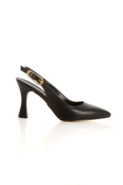Ayakkabı Podyumum '' Azura'' Black Skin Pointed Toe Back Open Big Buckle 9 cm Goblet Heel New Season