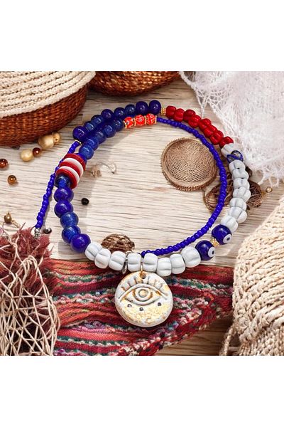 bizizmoda Basement Glass Bead Handmade Ceramic Gold Eye Pendant Evil Eye Bead Blue Necklace