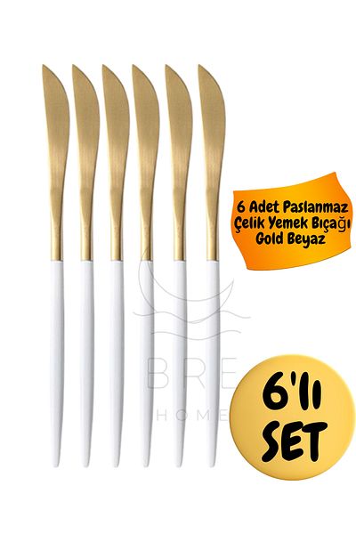 BRE HOME 6Pcs Stainless Steel Gold White Handle Dinner Knife Round Mouth