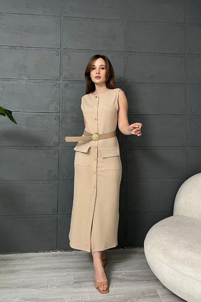 Sorridi Buttoned Belted Front Slit Sleeveless Dress
