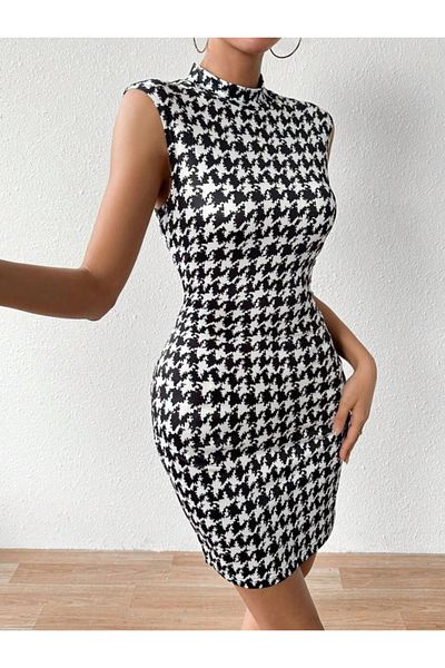 MRA Fashion Women's Semi-Turtleneck Sleeveless Print Short Diving Dress