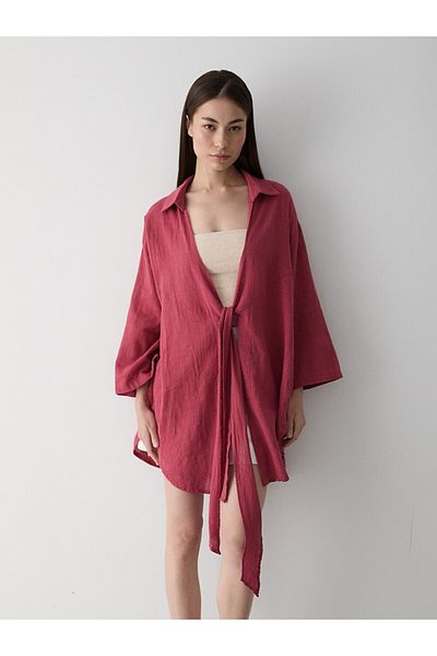 Laluvia Burgundy Flam Linen Kimono Shirt