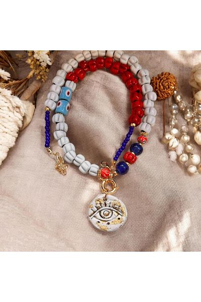 bizizmoda Basement Glass Bead Handmade Ceramic Gold Eye Pendant Evil Eye Bead Blue Necklace