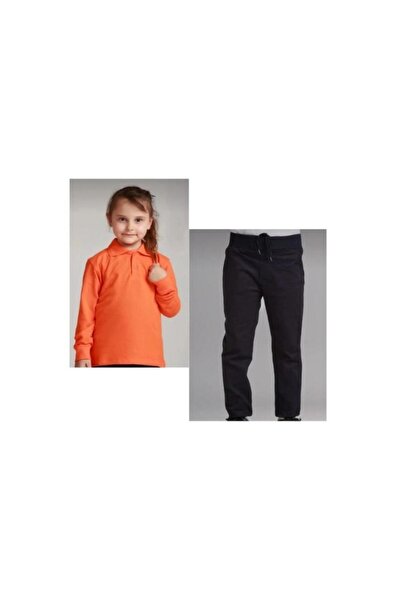 BAGİSTA BUTİK Girl-Boy Navy Blue Ribbed Waist Canvas Pants Orange Long Sleeve...