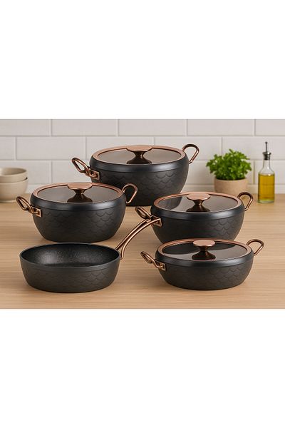 OMS -9pcs Granite Cookware Set Mermaid Shape -20 Cm ,24 Cm ,28 , 28 Pot Shallow Pot And 28 Cm Frypan