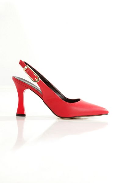 Ayakkabı Podyumum '' Azura'' Red Skin Pointed Toe Back Open Big Buckle 9 cm Goblet Heel New Season