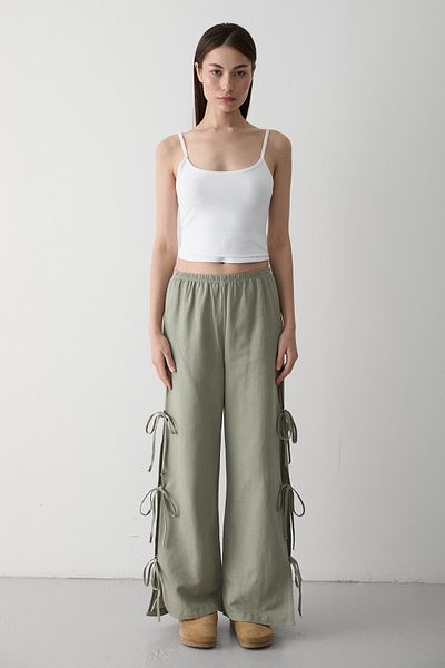 Laluvia Khaki 100% Cotton Side Slit and Tie Detailed Trousers - 3528