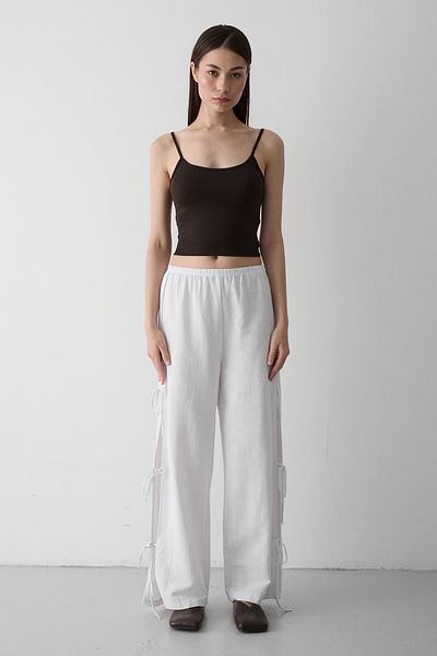 Laluvia White 100% Cotton Side Slit and Binding Detailed Trousers - 3528