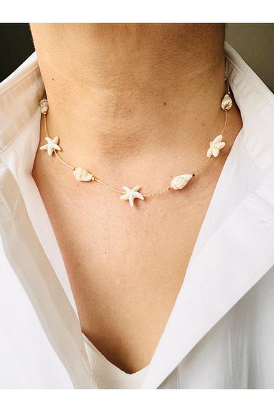 DEVİ fashion Seashell Summer Parachute Drawstring Necklace 43 cm