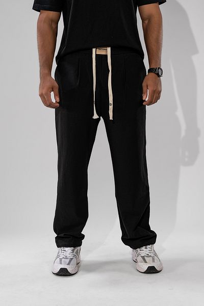 FLFXI Black Straight Leg Pants With Elastic Waist And Tie