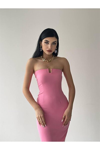 Julidress Pembe Straplez Yaka Gold Aksesuar Detaylı Elbise
