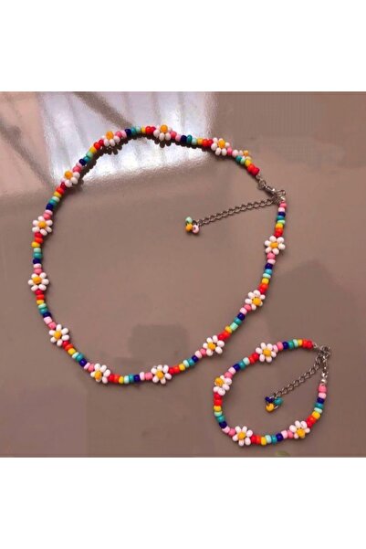 Duayen Design Çocuk Papatya Model Renkli Boncuklu Kolye Bileklik Seti