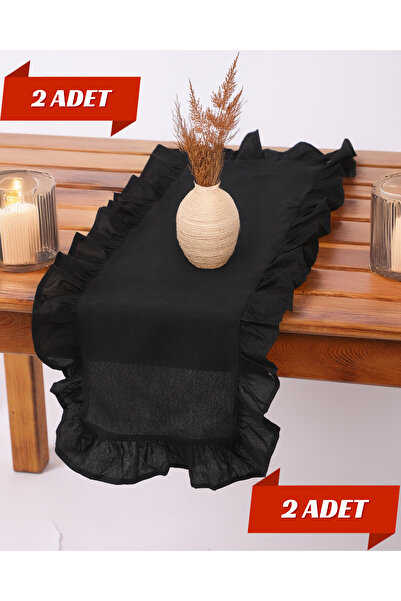 ÇIQRIK HOME 2 Adet Natural Fırfırlı Vintage Siyah Runner Ranır 40x110 Cm