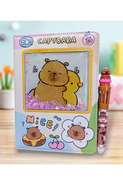izmir yazici servis Capybara Scrapbook Glittery Water Sequin Notebook 6 Colors Writing Pen Gift Set Certificate
