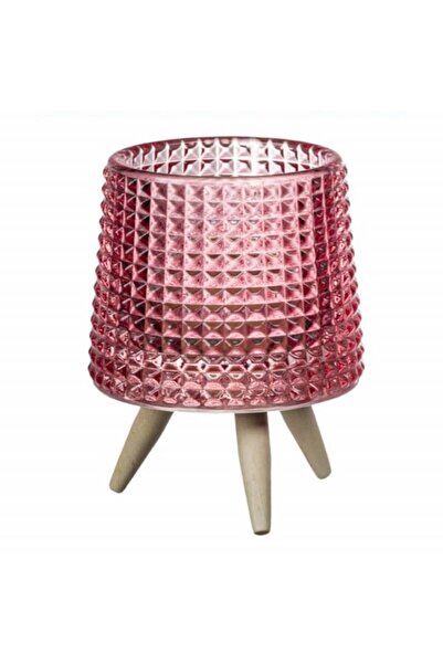 PUFO Gorgeous decorative glass candle holder with wooden legs, 11 cm, pink