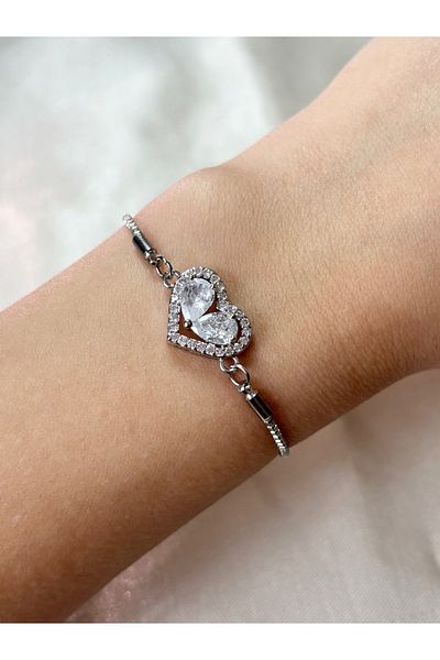 Eylülün Takısı Women's Silver Color Nested Stone Heart Bracelet