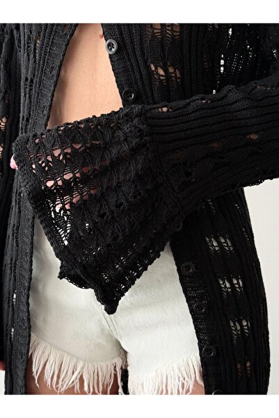 Lusin Γυναικεία Μαύρη Πλεκτή Ζακέτα με Κουμπιά Ισπανική Μακριά Πλεκτή Ζακέτα