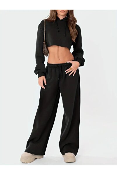 CAONNES Pantaloni de trening negri pentru femei, largi, de mărime mare, îmbră...