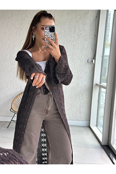 Lusin Γυναικεία ζακέτα με μακρύ πλεκτό ισπανικό μανίκι με κουμπιά σε καφέ χρώμα