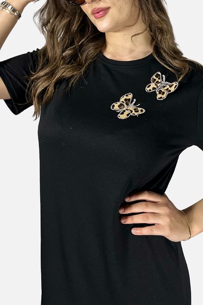 mefru Rochie lungă cu mânecă scurtă, cu mânecă scurtă, cu imprimeu leopard, cu detaliu fluture