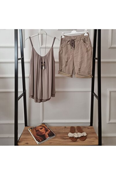 pudubutik Yırtıklı Likralı İtalyan Vizon Şort