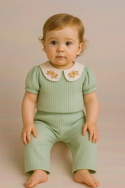 baume clothes Mint Green Girl's Bottom-Top Set with Flower Embroidery Collar