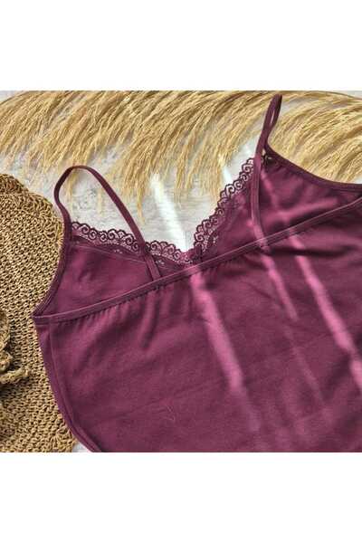 HS İÇ GİYİM Women's 2-Pack Plum Color String Strap V-Neck Lace Cotton Combed Cotton Undershirt