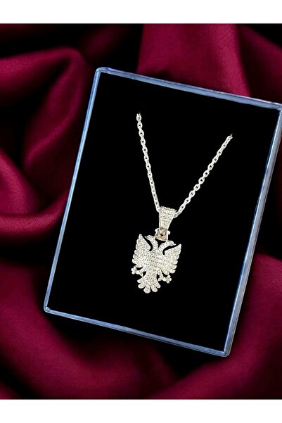 Alaja Silver Çift Başlı Kartal, Arnavutluk Sembolü Beyaz Taşlı Parlak Tasarım 925 Ayar Gümüş Kolye