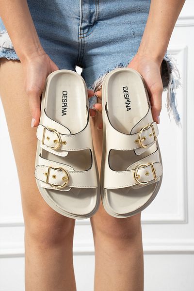 DESPİNA Lucia Women's Beige Double Gold Buckle Detailed Comfortable Sole Daily Slippers
