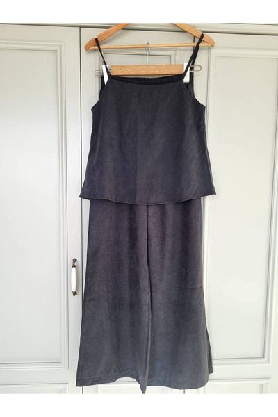 Butik Anthracite Color Skin Fabric Rope Strap Pants Bottom Top Set