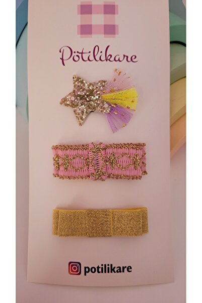 PÖTİLİKARE Saçsız Bebek Tokası Gold Yıldızlı 3'lü Set Özel Seri