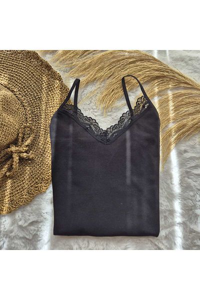 HS İÇ GİYİM Black Rope Strap V-Neck Lace Cotton Women's Undershirt