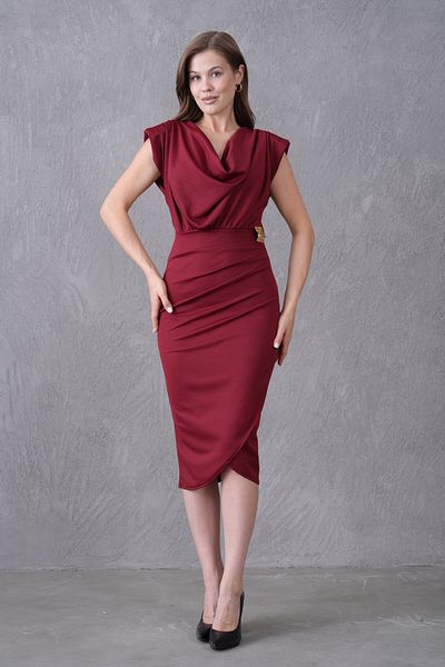 WOMAN VISION Women's Stretchy Crepe Fabric Padded Shoulder Wrap Cut Shiny Buckle Decorated Collar Midi Burgundy Dress 77119