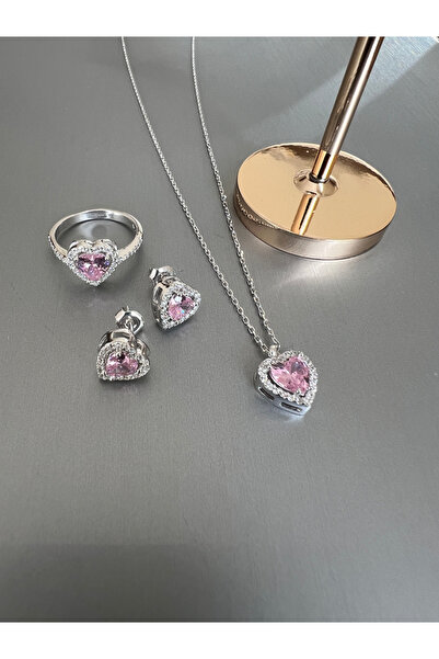 Zeta Jewel 925 Ayar Gümüş Pembe Kalp Set - Kolye Küpe Yüzük, Hediye kutulu