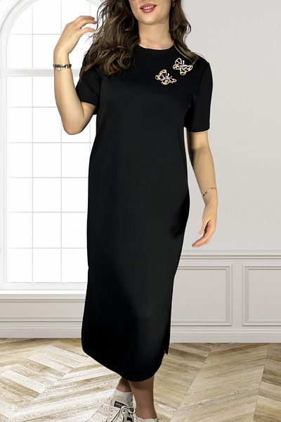 mefru Rochie lungă cu mânecă scurtă, cu mânecă scurtă, cu imprimeu leopard, cu detaliu fluture