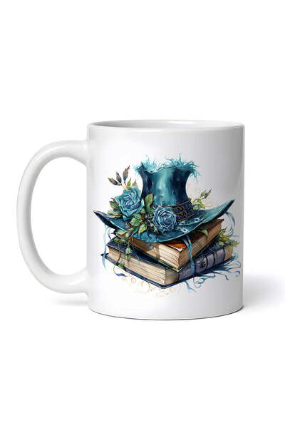 OEM Cană albă personalizată, cărți și pălărie cu trandafiri albaștri, Inovati...