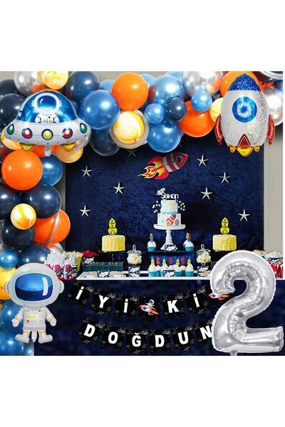 Patladı Gitti Space Themed Birthday Set 2 Years Old; 4 Foil, 56 Latex Balloons, Banner, Balloon Chain, Balloon Tape