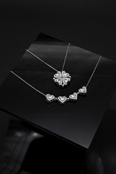 Parmas Design Mıknatıslı Kalp Yapraklı Yonca Tasarım 925 Ayar Gümüş Kadın Kolye