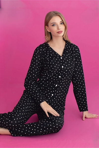 Siyah Kalp Desenli Gömlek Yaka Uzun Kol Kadın Pijama Takımı Süet