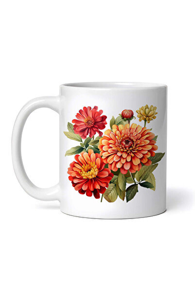 OEM Cană albă personalizată, buchet de flori de zinnia roșii și galbene, INOV...