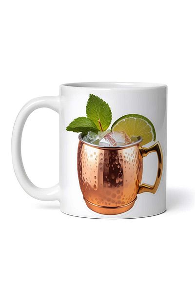 OEM Cană albă personalizată, cocktail Moscow Mule cu lime și mentă în cană de cupru, Inovatix®. 330 ml