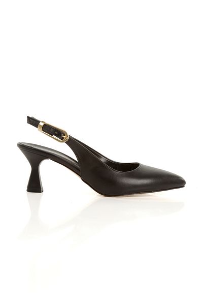 Ayakkabı Podyumum '' Dai̇si̇'' Black Skin Pointed Toe Back Open Large Buckle 5 cm Goblet Heel New Season