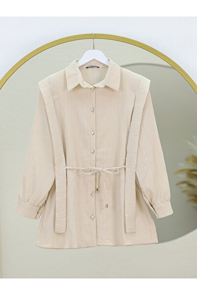 HİJABAYA İnci Düğmeli Omuzu Ve Beli Bağlamalı Krinkıl Gömlek