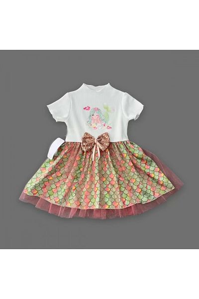 Skygo Luz&Pos 1-2-3 Years Old Mermaid Printed Sequin Pattern Skirt Baby Girl Dress Ecru