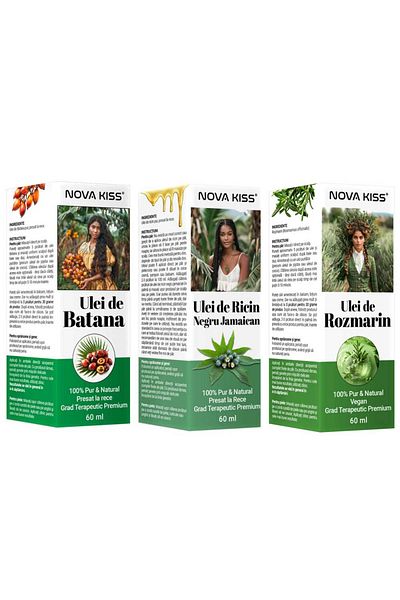 NOVA KISS ® Batana, Set cu Rozmarin și Ulei de Ricin, 100% Natural, Premium pentru Creșterea Părului, 3 x 60 ml