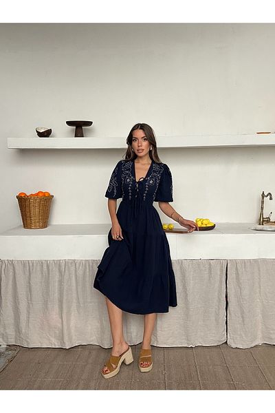 Lusin Women's Navy Blue Lined V-Neck Stylish Patterned Muslin Fabric Short Sleeve Dress