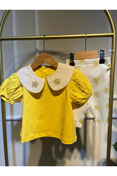 baume clothes Çiçek Yaka Detaylı Kız Bebek Sarı Alt-Üst Takım %100 Organıc Cotton